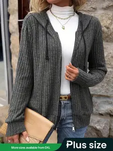 【Plus Size】 Solid Drawstring Zip Up Hoodie, Casual Long Sleeve Hooded Sweatshirt for Fall & Winter, Women's Clothing for Daily Wear