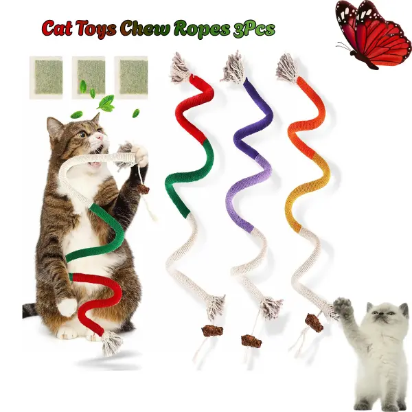 3PCS Cat Chew Rope Toys with Natural Catnip | Interactive Dental Teething Toys for Indoor Kittens & Adult Cats | Bite Resistant Cat Rope Toys with 3 Catnip Packs for Play & Teeth Cleaning