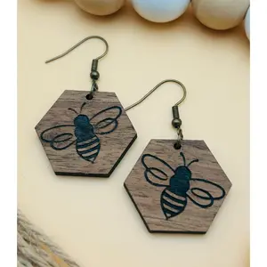 Walnut Engraved Honey Bee Earrings