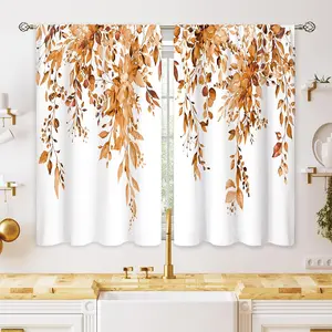 Orange Eucalyptus Botanical Leaves Floral Kitchen Window Curtains over Sink Farmhouse Flower Fall Small Window Treatment Cafe Short Curtains for Bathroom Treatment Tier Drapes 26X36 Inch oolygoo
