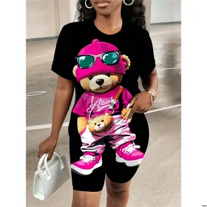 Shorts - T Sleeve Print Cute Set / 2pcs Slaydiva Women s Casual Cartoon Bear Short Shirt And Summer Outfit