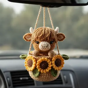 Amigurumi Crochet Highland Cow - Car Charm, Sunflower Pot Hanging Accessory, Boho Farmhouse Decor for DIY Knitting & Crochet Yarn Projects