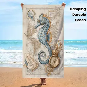 1PC Oversized Bath  Beach Towel, Blue Seahorse With Retro Compass Pattern Nautical Decor, Quick-Drying, For Pool Travel Camping Bathroom, Ideal Gift For Ocean Lovers, Seahorse Print, Durable Fabric