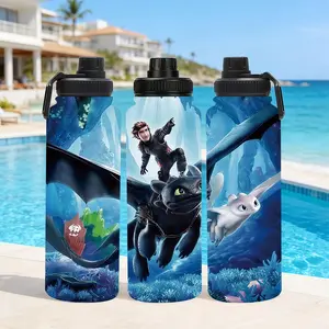1pc 33oz large-capacity insulated cup printed with the patterns of How to Train Your Dragon: Toothless and the underwater adventure of Light and Shadow. It features a black lid with a portable handle design and a fantastic animal-style water bottle