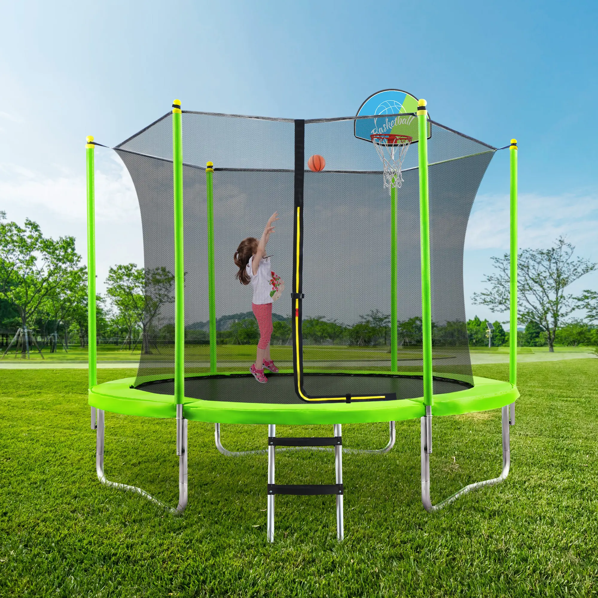 YYDS 10FT Trampoline for Kids with Safety Enclosure Net, Basketball Hoop and Ladder, Easy Assembly Round Outdoor Recreational Trampoline