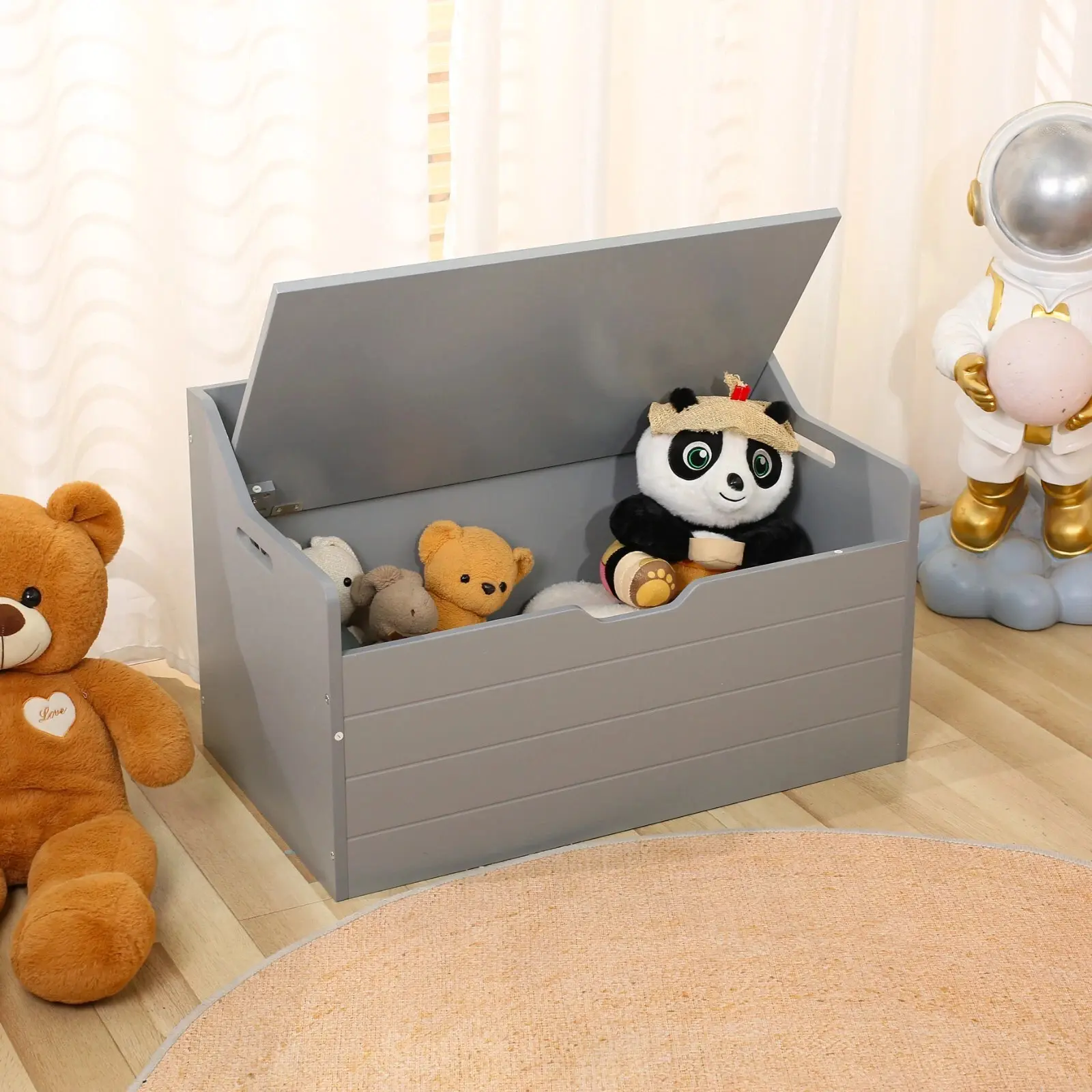 Wooden Toy Storage Chest with 2 Safety Hinges, Flip-Top Lid Toy Box, Rounded Corner Kids Storage Bench Grey, Kids Room Toy Organizer with Safety Hinge Lid, MDF Wooden Toy Storage Chest, Kids Toy Box with Flip Top Lid & Safety Hinge