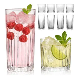 Drinking Glasses Set of 8, 12 oz Highball Glasses & 10 oz Cocktail Glasses Set, Ribbed Glass Cups,Thick Glass Cups, Kitchen Water Glasses Cup, Bar Tumbler Glassware for Beer, Whiskey(Clear)
