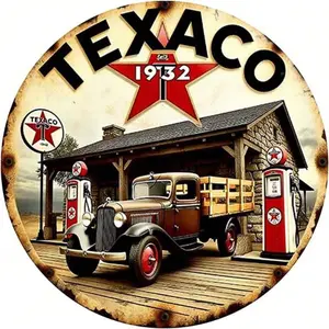 Vintage Texaco Gas Station Metal Sign, Retro American Style Rustic Farmhouse Design Western Decor Aluminum Wall Decor with Classic Truck and Fuel Pump Design, 8x8 Inc