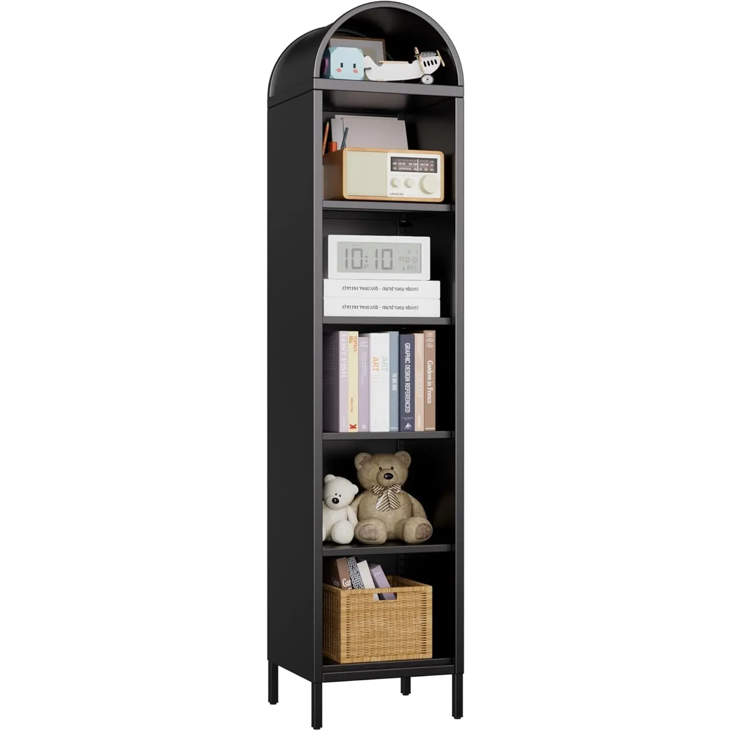 Arched Metal Bookshelf, 73" Tall Narrow Bookshelf with 5 Tiers, Heavy Duty Steel Bookcase with 4 Adjustable Shelves for Living Room, Home Office, Bathroom, Kitchen, Assembly Required