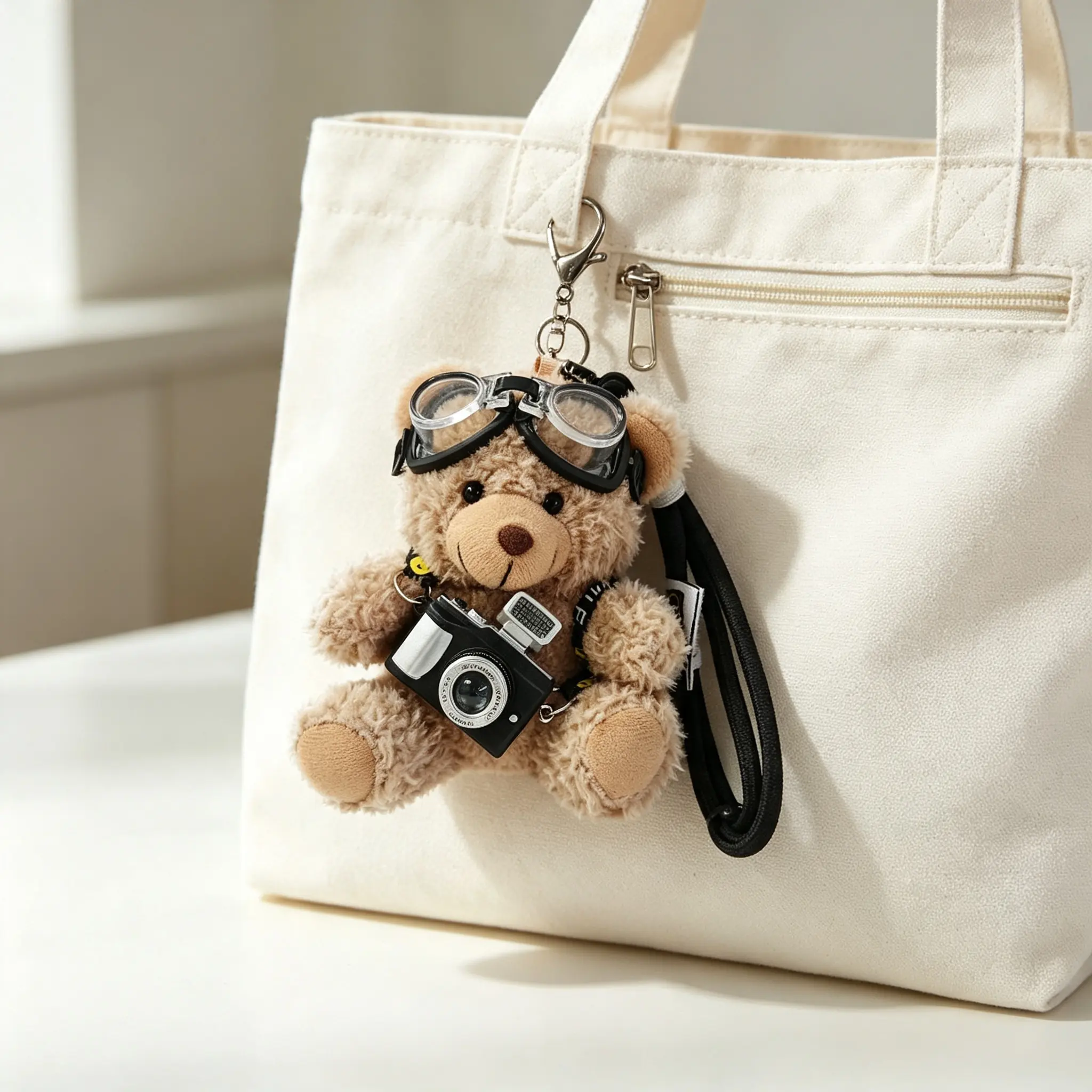 Adorable Bear Plush Bag Charm Keychain, Cute Flash Camera & Glass Design, Functional Decor Accessory for Handbag Purse Tote Backpack