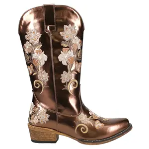 ROPER Womens Riley Metallic Floral Embroidered Snip Toe  Casual Boots Mid Calf Low Heel 1-2" - Brown