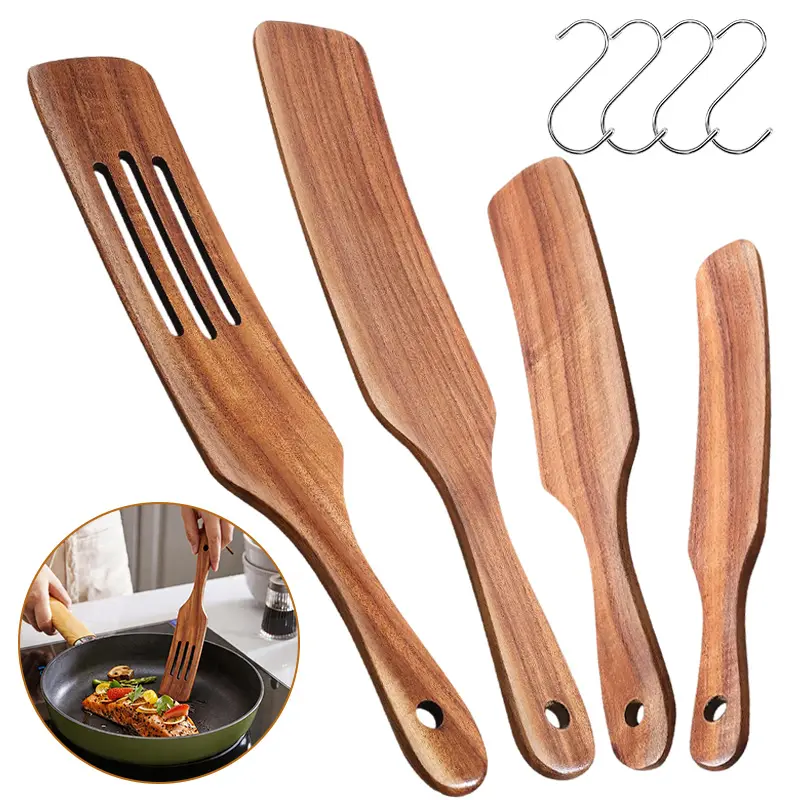 4 Packs Wooden Kitchen Utensils with 4pcs Hooks for Cooking, Stirring, Mixing, Serving, Spurtles Kitchen Tools As Seen On TV for NonSick Cookware