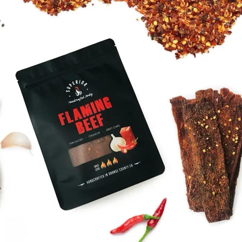 FLAMING BEEF • BEEF JERKY CHIPS • CRUNCHY • SPICY 3 oz