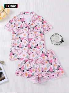Women's Spring Summer Sleepwear Set, Western World Print, Comfortable Shirt Collar Short Sleeve Top and Loose Elastic Shorts Pajama Set