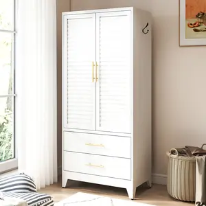White Metal Wardrobe Closet with 2 Doors and Drawers, 71″ Tall Storage Cabinet for Bedroom, Lightweight Portable Closet for Small Apartments, Dorm, Renters, Cold Rolled Steel, Easy Assembly