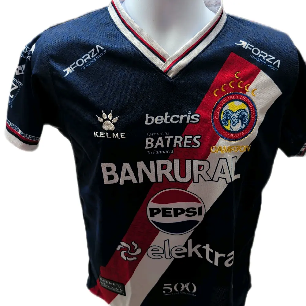 1 Camisa de Xelaju Color Azul Con Franjas Blanca y roja