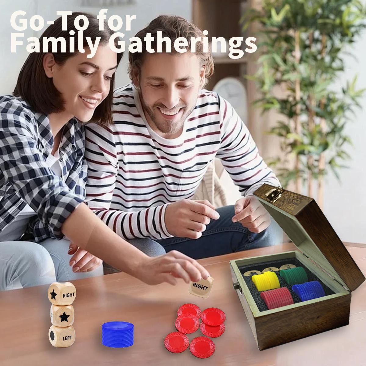 Fun Left Right Roll Dice Game Set, Include 3 1-inch Wooden Dices 48 Pcs Chips in Wooden Box, Easy to Store and Carry Around for Travel(Wood)