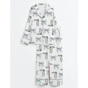 Women s Coquette Blue Bow Cowgirl Long Sleeve Satin Pajama Set with Boots - Stylish and Comfortable Sleepwear