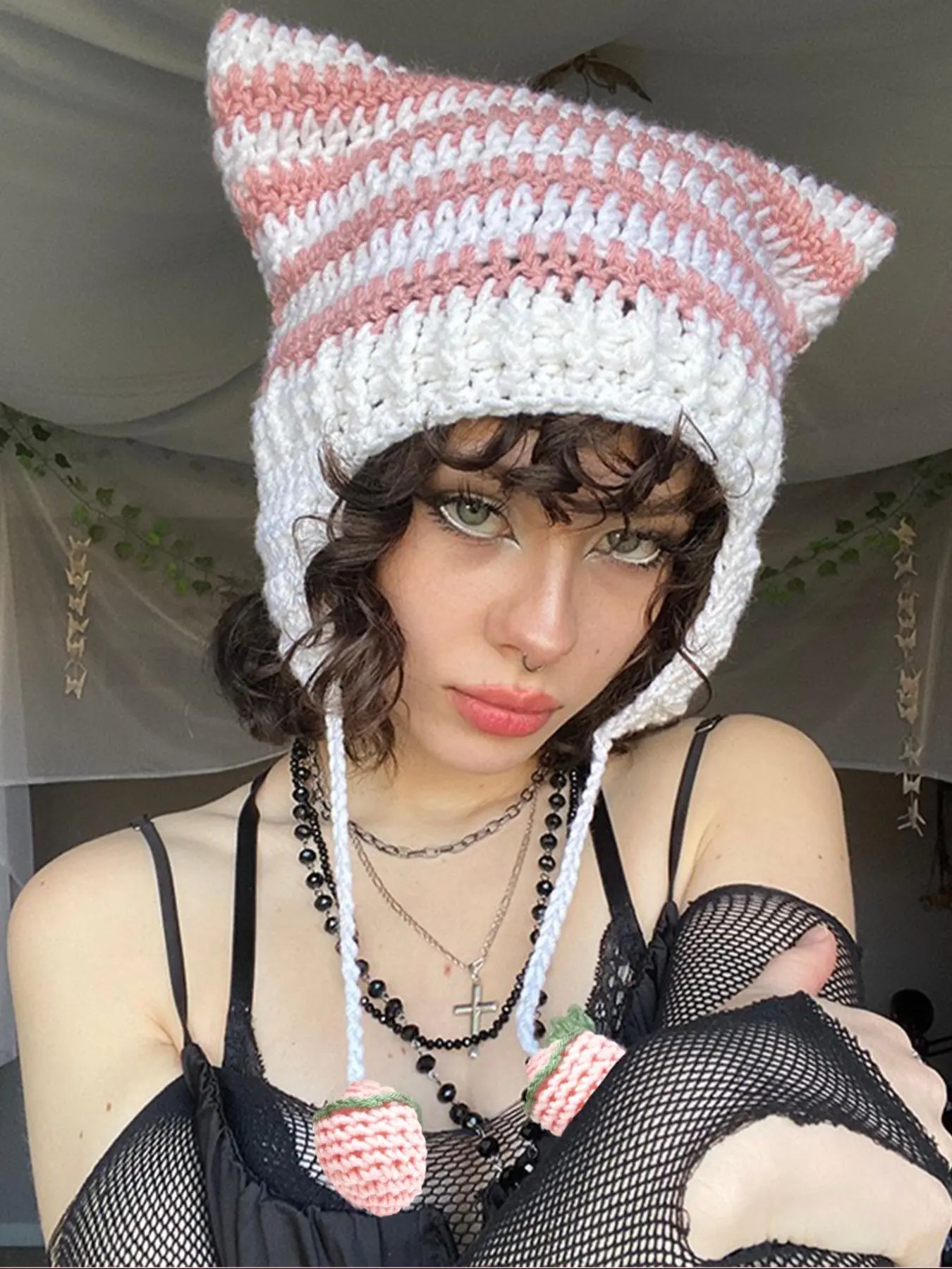 Cute Cat Ear Design Beanie Fitted Hat, Striped Pattern Knit Hat with Ear Cover, Fashion Accessories for Women & Girls, Casual Trendy Hat