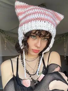 Cute Cat Ear Design Beanie Fitted Hat, Striped Pattern Knit Hat with Ear Cover, Fashion Accessories for Women & Girls, Casual Trendy Hat