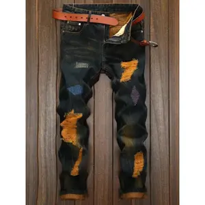 Men's Straight Fit Ripped Old Jeans With Patch Pants