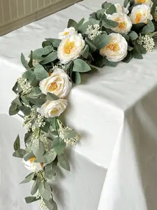 Artificial Eucalyptus & Rose Flower Garland – Greenery Vine Decor for Wedding Table, Backdrop, Party, and Room Decoration