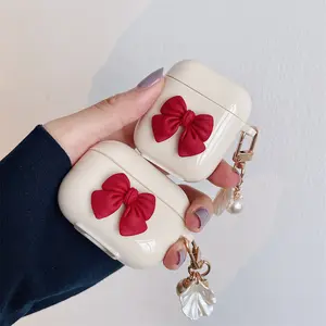 Bow Shell Earphone Case Cover | Cute Wireless Earbud Protective Case | Beige & Red Bow Pendant Charm