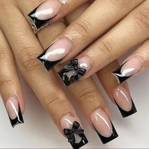 French Bow Nail Art, Dark Women's Style, Medium Long Square False Nails, Easy Apply Simple Design, 24 Pieces Set