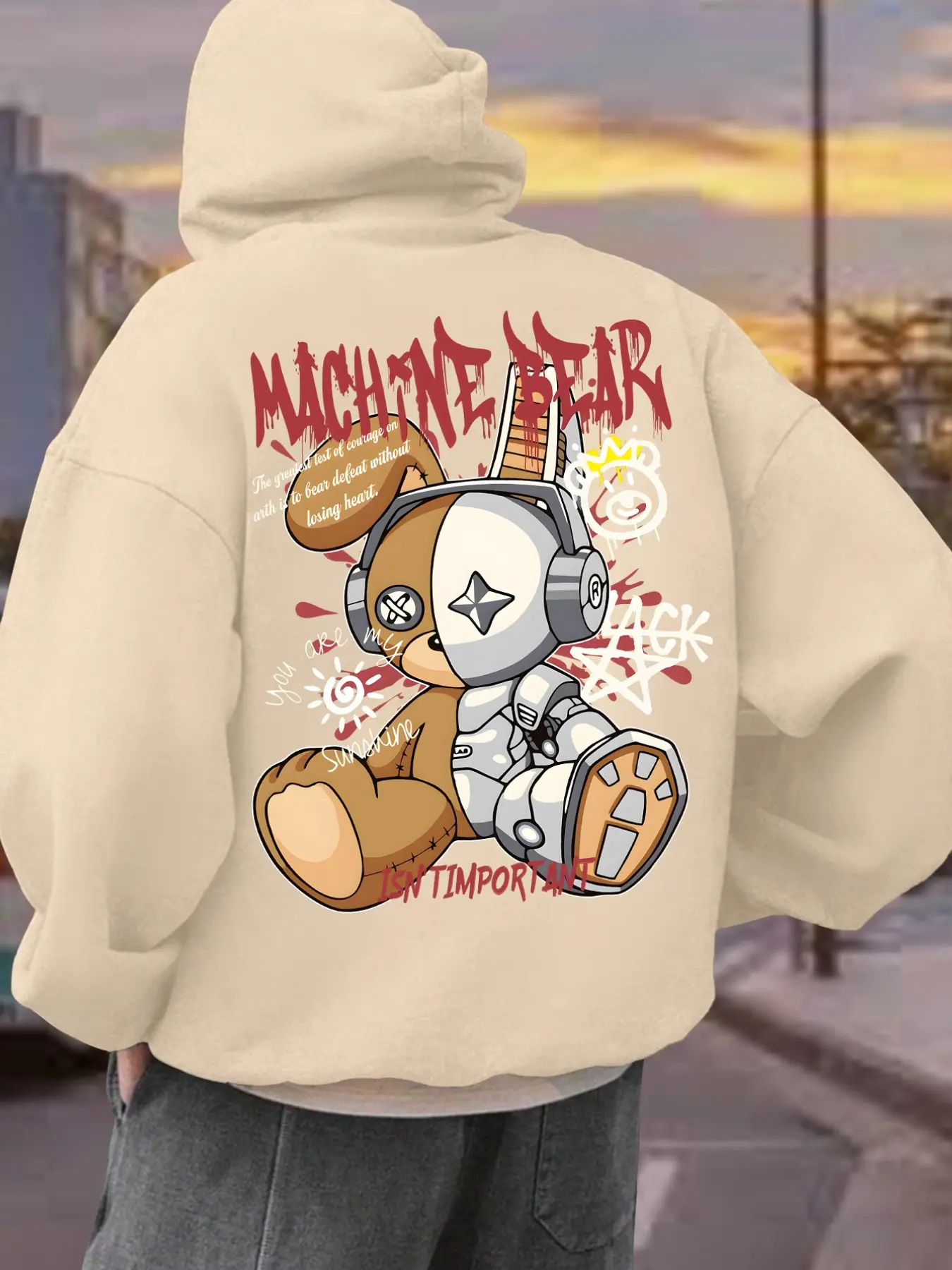 Trendy Cyberpunk Teddy Bear Graphic Hoodie for Unisex – Beige 