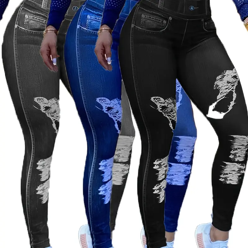 Women's High Waist Contour Skinny Printed Denim Leggings (3-Pack, 3pcs) - Tie Feet, Soft Stretchy, Geometric, Everyday Casual Sports Bottoms, Women's Clothing, Contour Skinny Legging