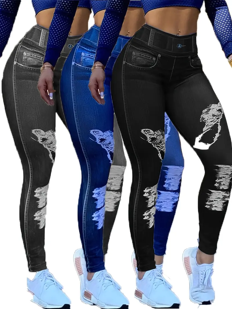 3pcs Women's High Waist Slim Fit Denim Leggings Tie Feet Pants - Everyday Casual Fashion Soft Sports Skinny Long Pants Stretchy Female