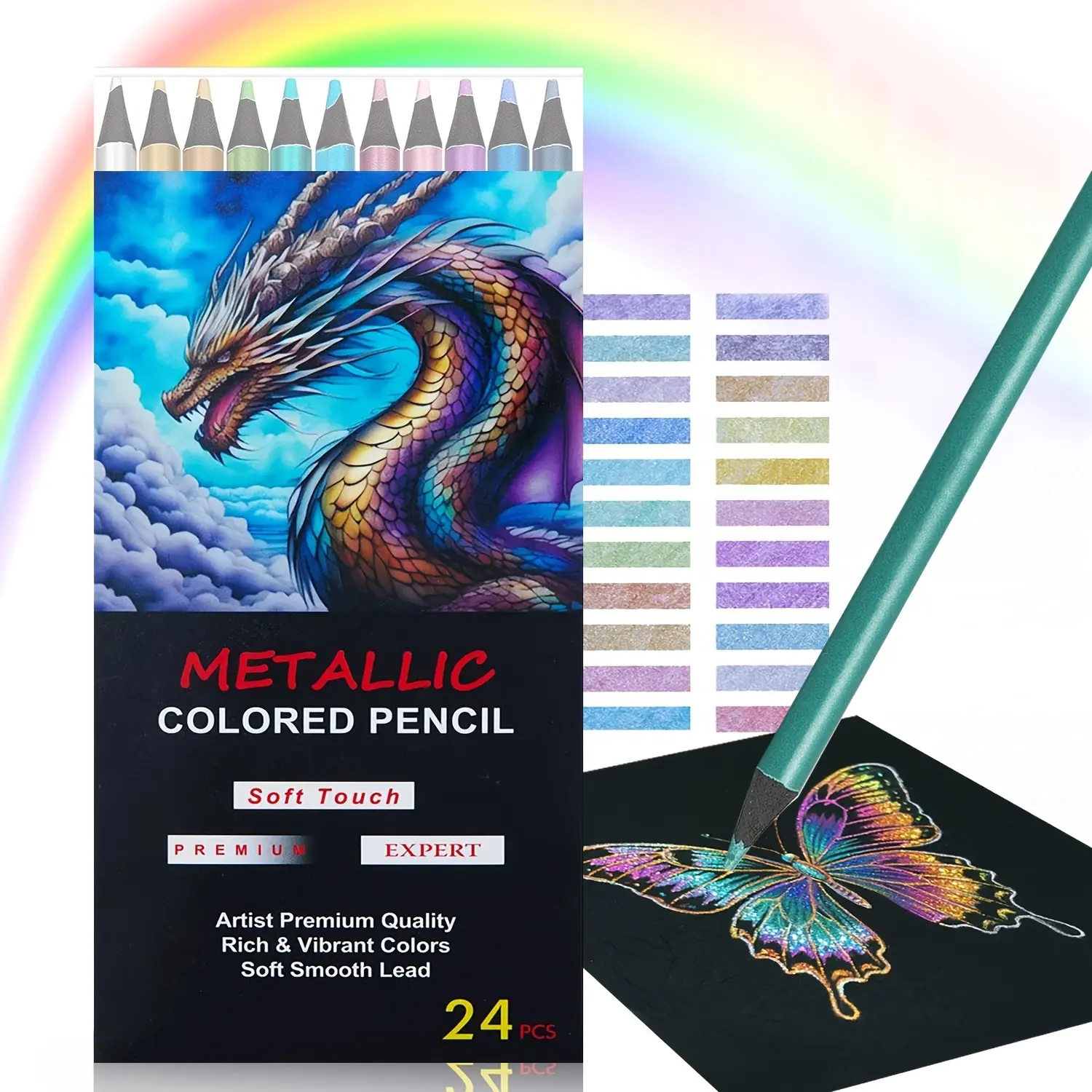24-Color Metallic Assorted Pencils Set - Shimmer Effect Drawing Pencils for Artists, Office Stationery Art Supplies Kit for Coloring Books, Sketching, Pencil Set Pencils