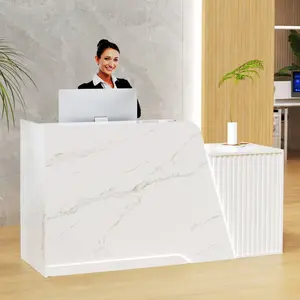 Reception Desk with Slanted Grid Pattern White Marble Look Design Includes Drawer & Keyboard Tray for Modern Office Use Fire Safety Label Included