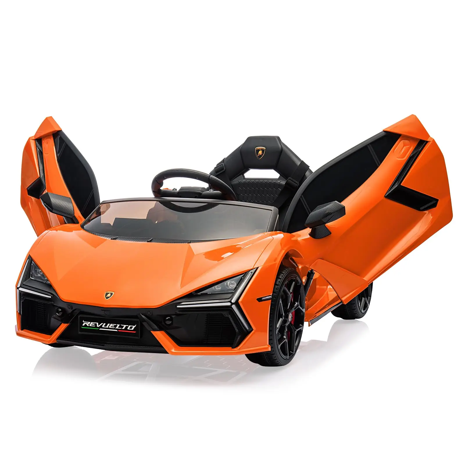 GARVEE Licensed 12V Lamborghini Revuelto Electric Ride-On Car with Ride on Wheels for 3-4 Year Olds, Battery-Powered Sports Toy, Remote Control, Bluetooth, LED Headlights, Music, Lockable Doors, Dual 25W Motors, Orange Exterior, Outdoor Play