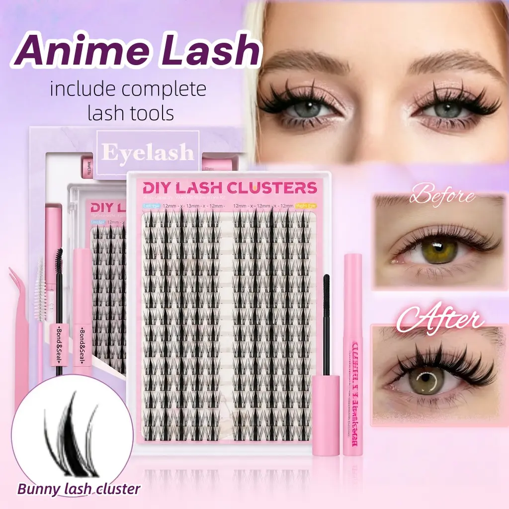 Cute Bunny Barbie Cluster Lashes,Spiky Anime Manga Lash Clusters - C Curl, 11-15 in Mixed Lengths, Thin Band Individual Eyelash Extensions with Clear Lash Map, Lengthen Eye Tail Photogenic, Including Tools & Adhesive for Easy Long-Lasting Application