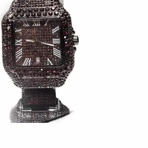 Men’s Black Iced Out VVs Stainless Steel Round Watch Face Timepiece - 43mm, Waterproof, Roman Numeral Dial, Black & Red Bezel, Unique Gifts for Man, Quartz Wrist Fashion Watch