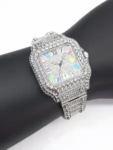 Men's Quartz Square Dial Watch Full Diamond Hip-Hop Fashion Luxury Watch with Calendar Function, Stylish and Elegant Timepiece for Daily Wear