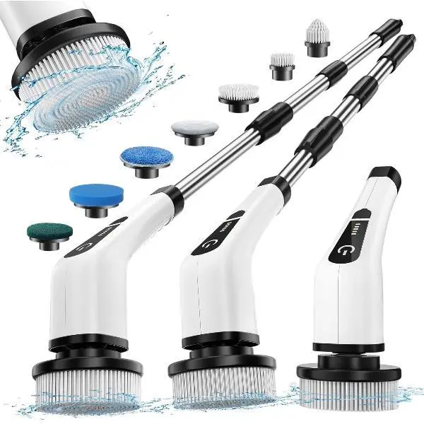 Cordless Electric Spin Scrubber for Bathroom - Long Detachable Handle, 7 Replaceable Heads, Short Handle Option, Household Cleaning Tool for Bathtub, Tile Floor