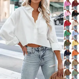 Imily Bela Womens Button Down Cropped Shirts Long Sleeve Casual Crop Tops Solid Lapel Blouse Shirt with Chest Pocket