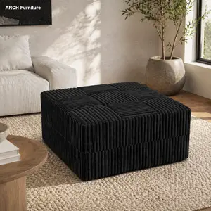 Modern Minimalist Corduroy Ottoman Compressed Sectional Sleeper Sofa - Upholstered Stool, Footstool, Space-Efficient Comfy Furniture for Apartment Living Rooms - Black