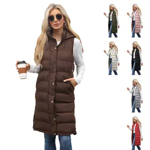 BIGWIG women's long warm quilted hooded button zipper jacket, sleeveless thick jacket autumn and winter coat, zipper padded thick vest jacket, plus size hooded western style down jacket, solid color zipper padded thick