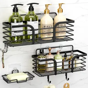 Rustproof Shower Caddy with Soap Dish, 4 Hooks, Wall Mounted No Drilling Storage Shelf Basket for Bathroom & Kitchen Racks