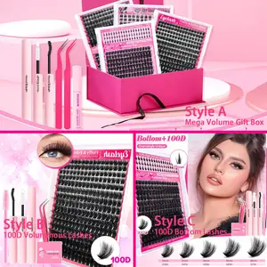 Volumizing False Eyelash Extension Set, Eyelash Falsies, Cluster Eyelash Extensions, Fluffy Eyelashes, 80D & 100D Lower Lash Style, includes glue, tweezers, remover, fluffy, lightweight, Suitable for everyday wear, parties