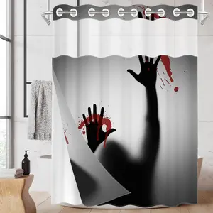 1 Pack No Hook Double Layer Shower Curtain, Halloween Horror Silhouette Print Bath Curtain, Waterproof, Mildew Resistant, Durable Fabric, Spooky Home Decor, Removable Liner, Top See-Through Window, Partition Curtain 71"×74"
