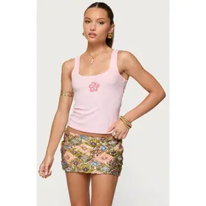 Edikted Women's Steffy Beaded Flower Ribbed Top