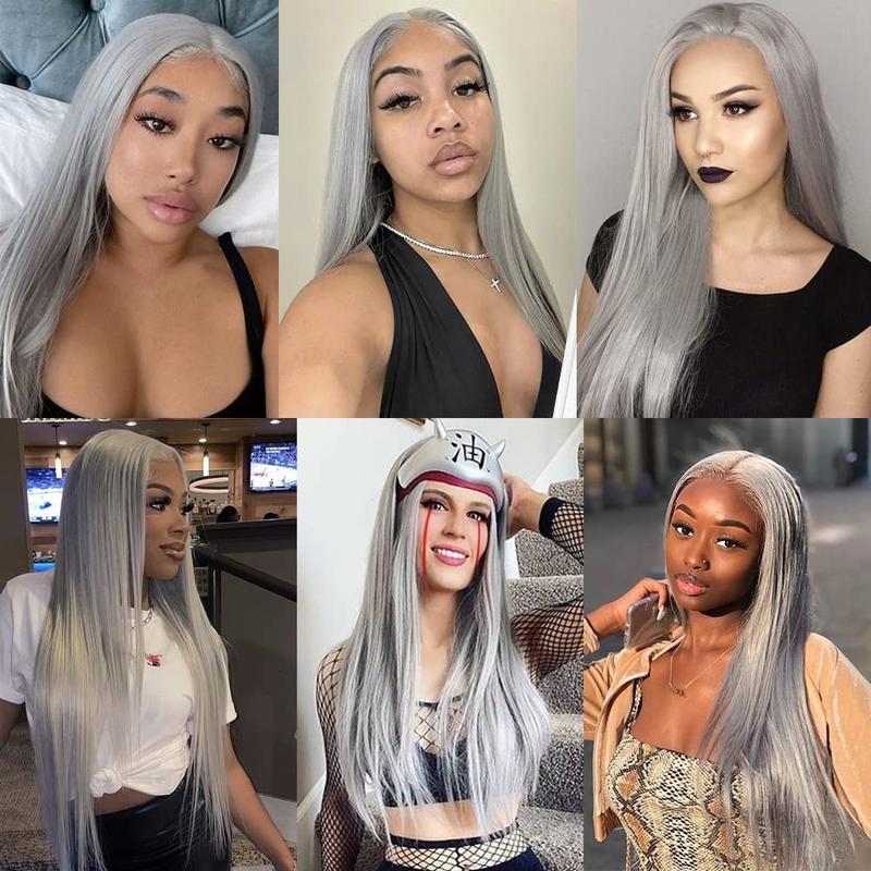 Grey Wig Synthetic Ash Grey Lace Front Wig Long Straight Hair Middle Part Natural Hairline Wig Heat Resistant Fiber Wig 180% Density 13x3 Lace Wig For n 24 inch