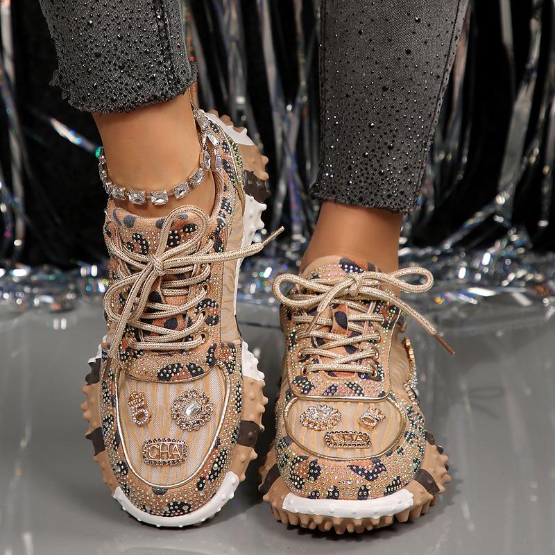 Women Casual Rhinestone-Embellished Sneakers Fashion Beaded Walking Shoes Outdoor Non-Slip Flat Shoes