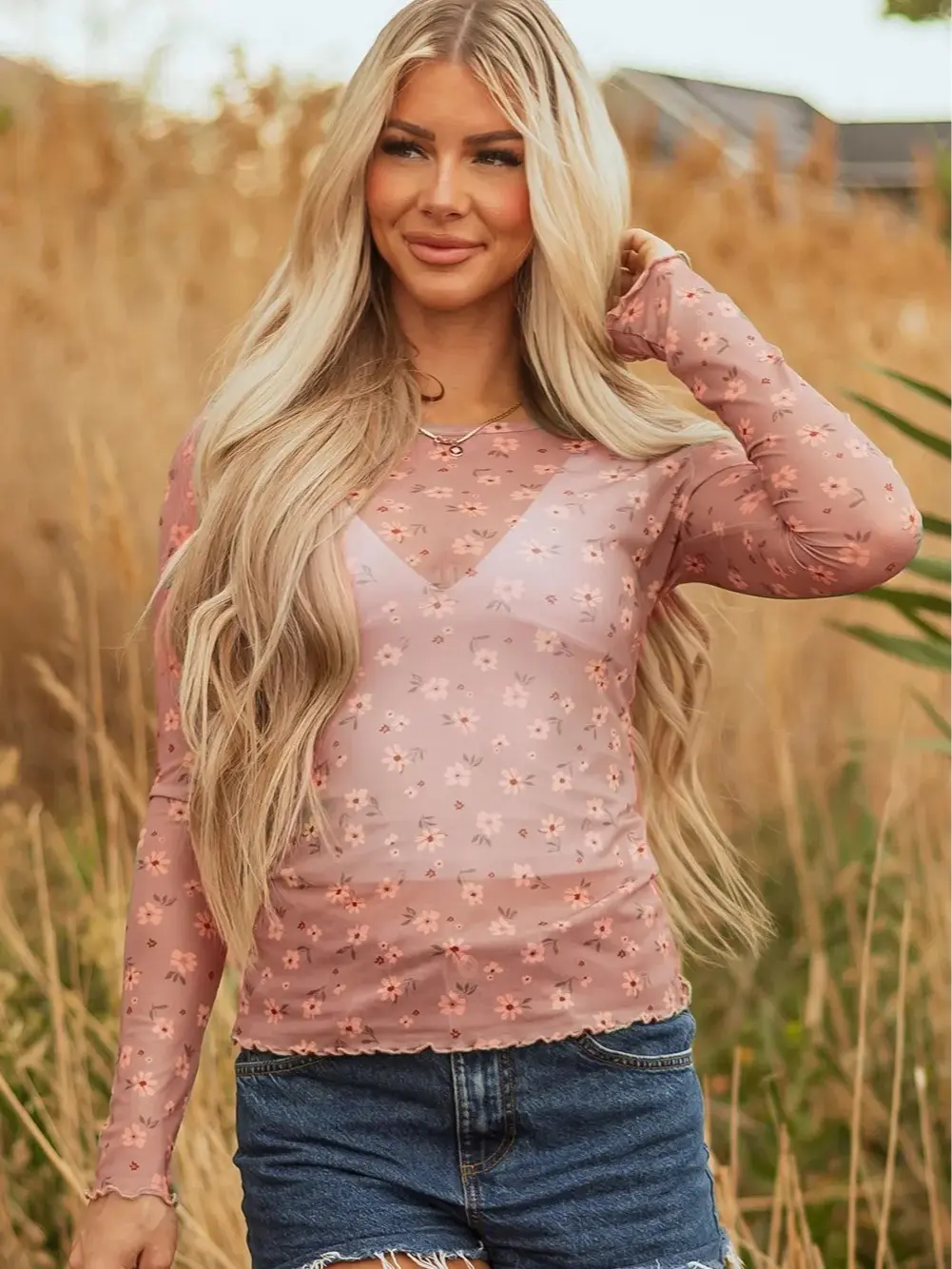 Women's Vintage Pink Floral Mesh Long Sleeve Top | Southern Style Coquette Blouse