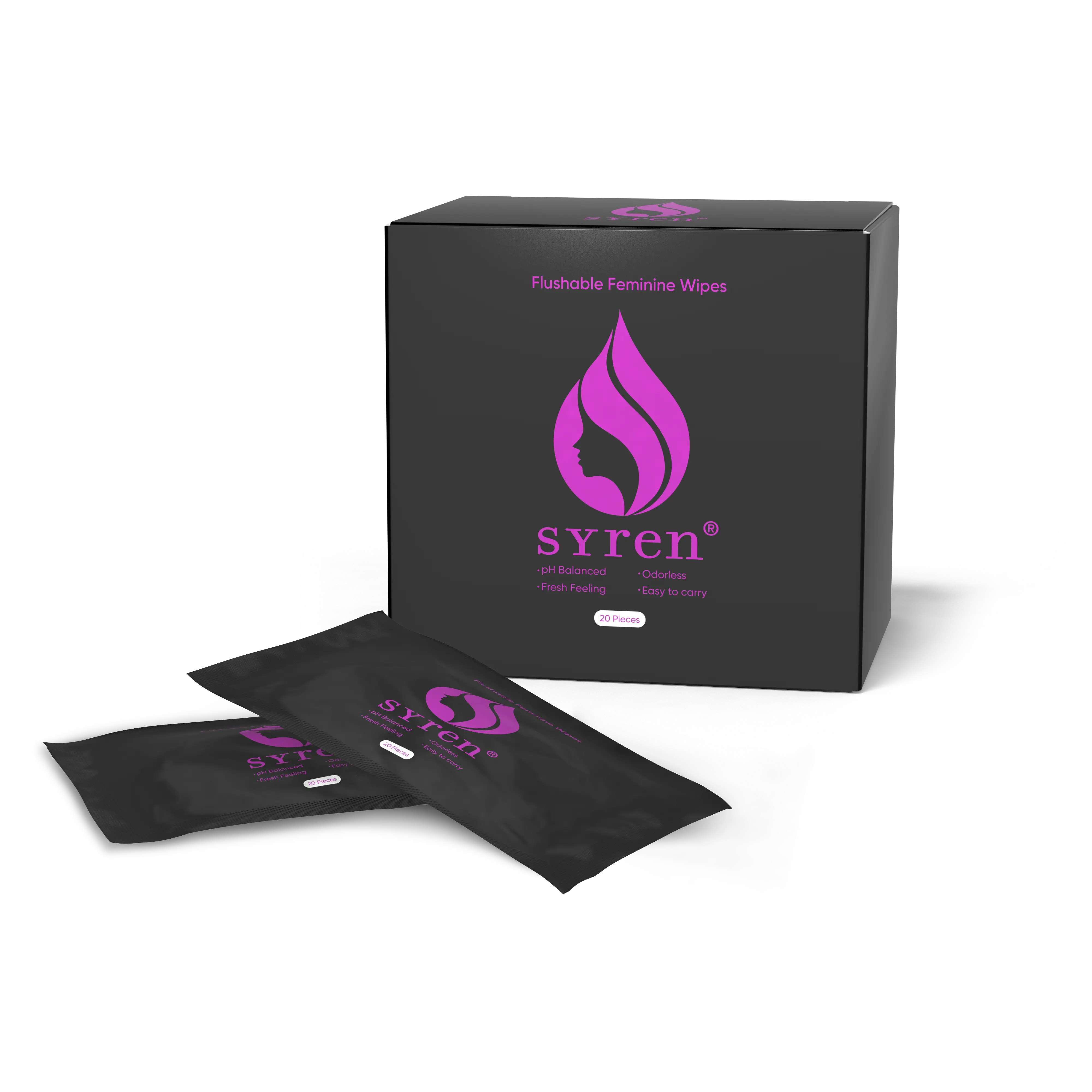 SYREN Flushable Feminine Wipes, Daily Use pH-Balanced Plant-Based Paraben-Free Wipes for Odor Control, Gentle for Sensitive Skin, Septic-Safe Fragrance-Free Degradable, 20-Count Travel-Size Resealable Soft Pack, Non-Medical All Skin Types
