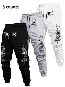 Men's Casual Loose Fit Joggers Set, Gothic Line Pattern Design, Drawstring Waist Fashion Sweatpants Three-Piece Pack, Comfortable Daily Wear, Banded Bottom Sweatpants, Sweat Pant Print
